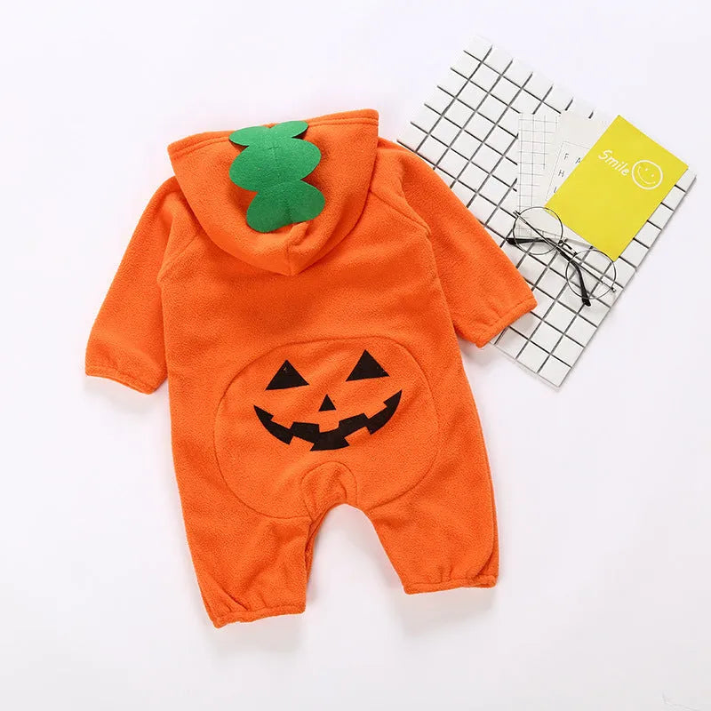 Baby Halloween romper in orange or red, long sleeve cotton pullover, sizes 70cm to 95cm, unisex.