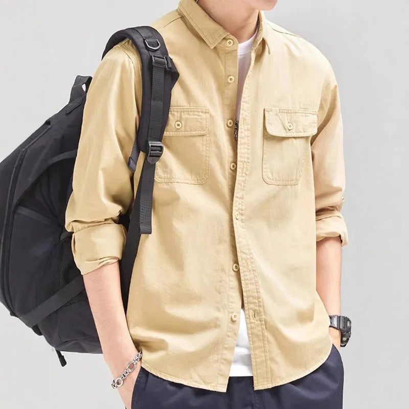 Men's loose fit long sleeve polyester overall shirt in light grey.