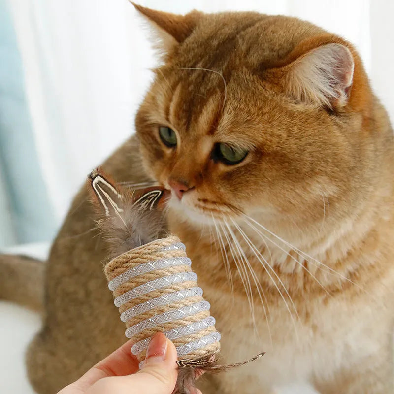 Beige cat toy with hemp rope scratching post, feathers, and a built-in sound roller on a neutral background.