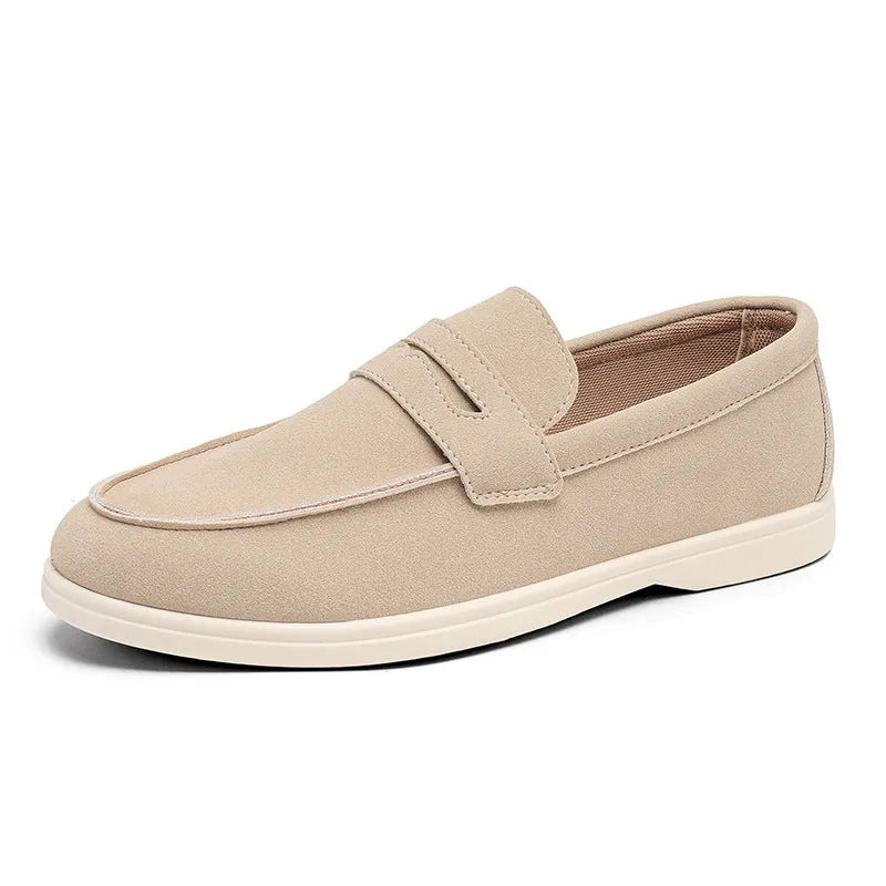 Men's suede leather casual shoes in British style with round toe and low flat heel