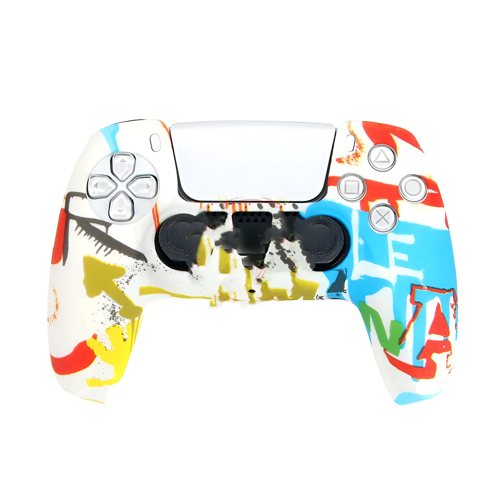 Camouflage pattern silicone case for PS5 DualSense wireless controller showing protective coverage