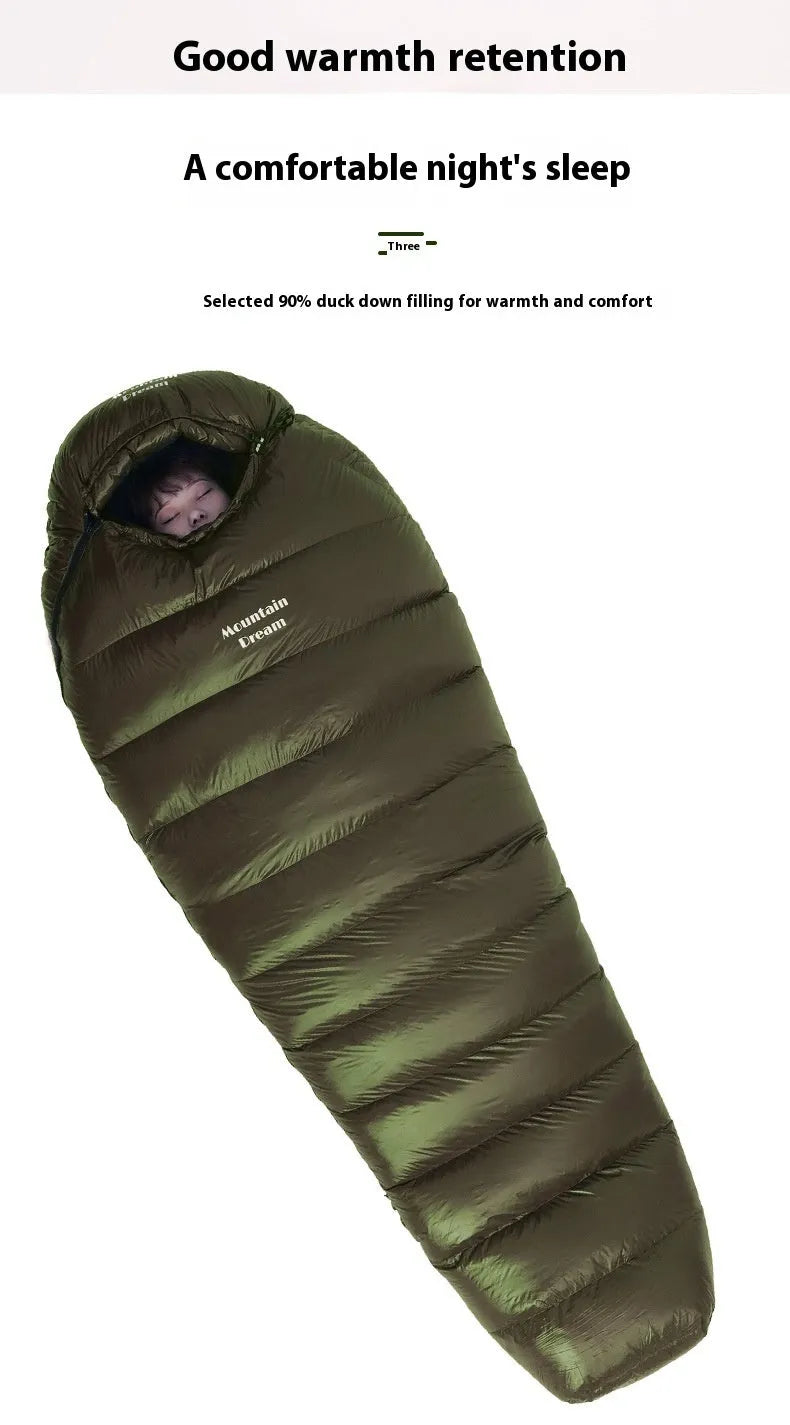 Ultralight mummy-style sleeping bag in army green colour with white duck down filling and 400T nylon fabric.
