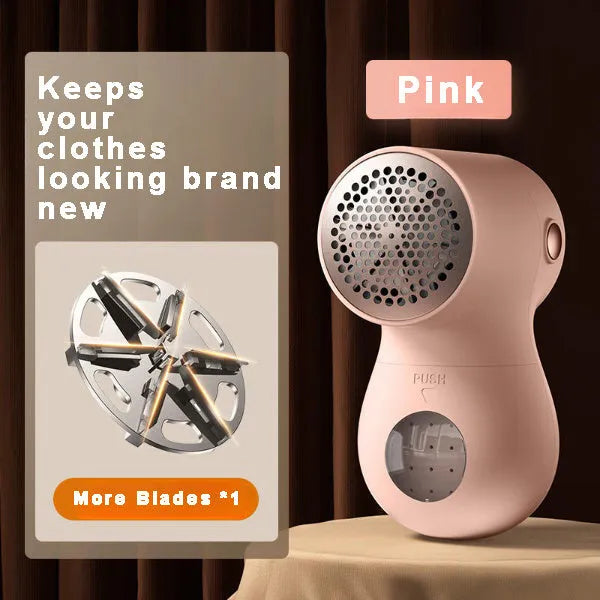 White electric lint remover with LED display, USB port, and stainless steel cutter head on a fabric background.
