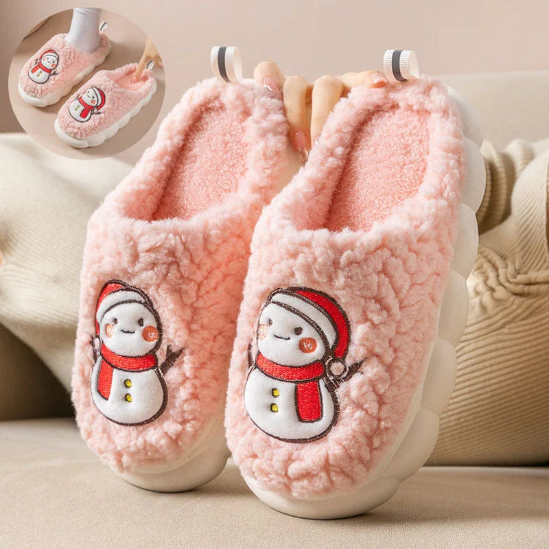 Cozy snowman-designed slippers with plush upper and anti-slip sole for indoor winter wear