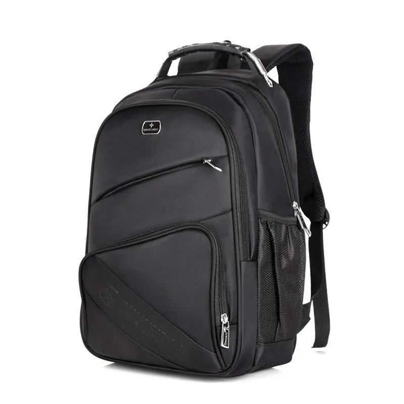 Men's large nylon travel backpack with USB port in black, shown from front