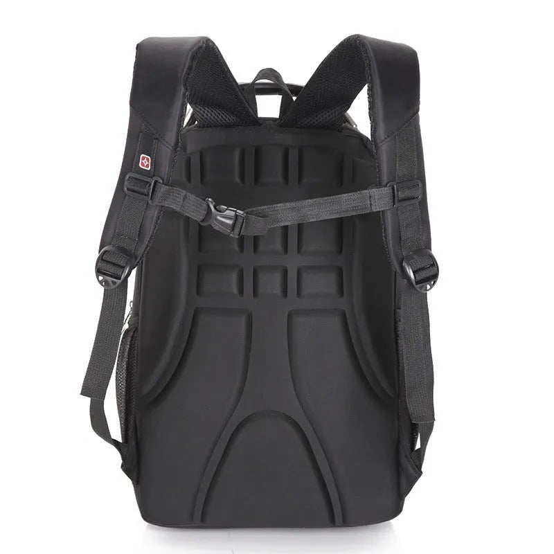 Men's large nylon travel backpack with USB port in black, shown from front