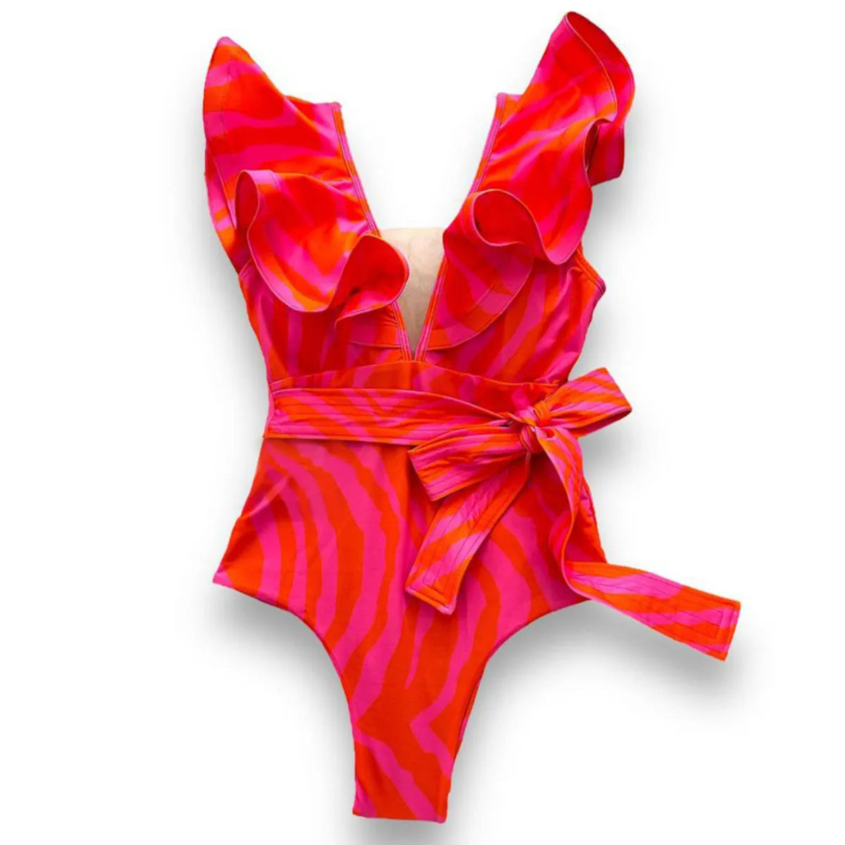 Women's one-piece swimsuit with double-shoulder ruffles, deep V-neck mesh stitching, and printed pattern.