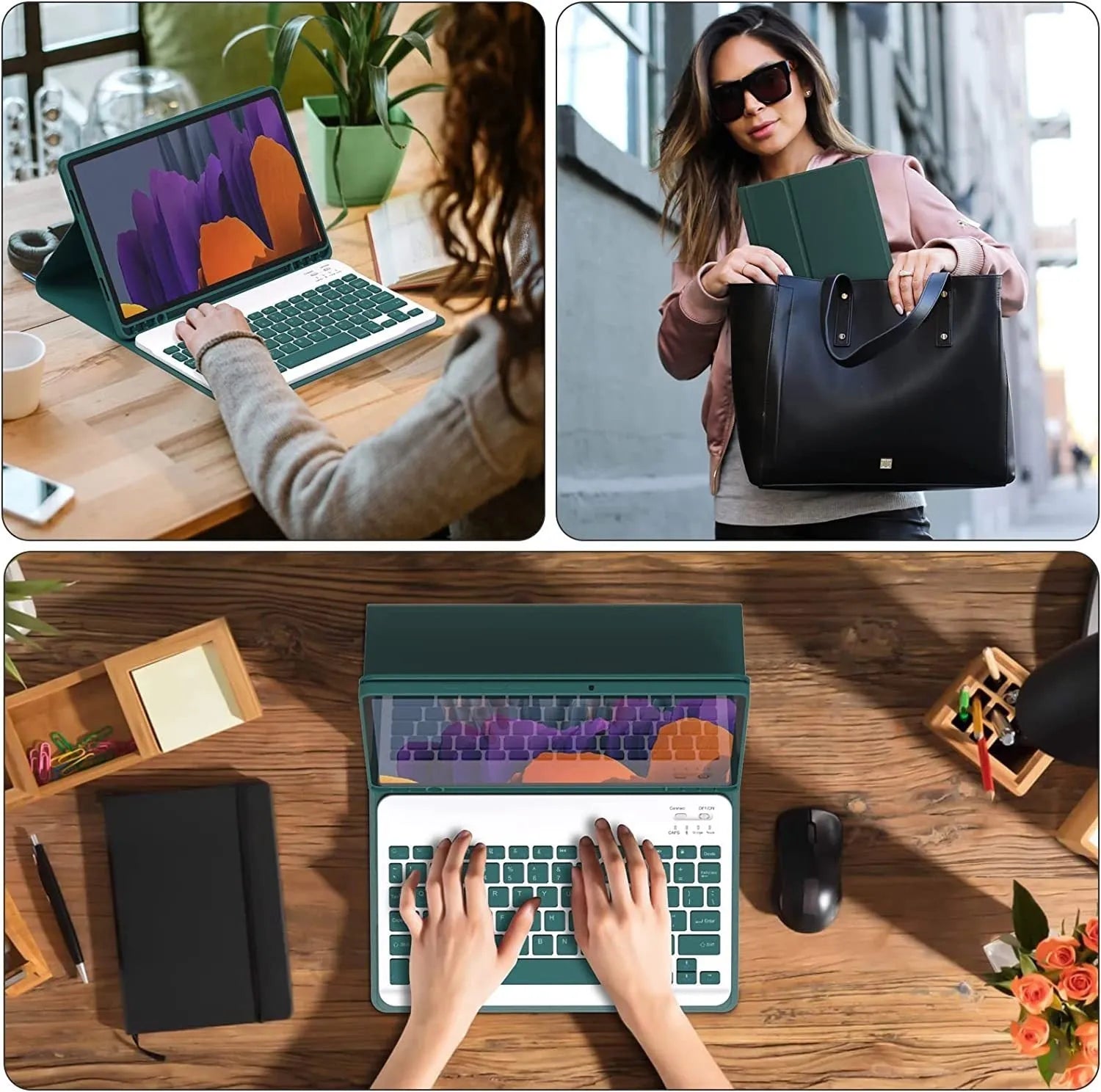 Samsung tablet inside a TPU leather case with a Bluetooth keyboard and charging mouse on a table.