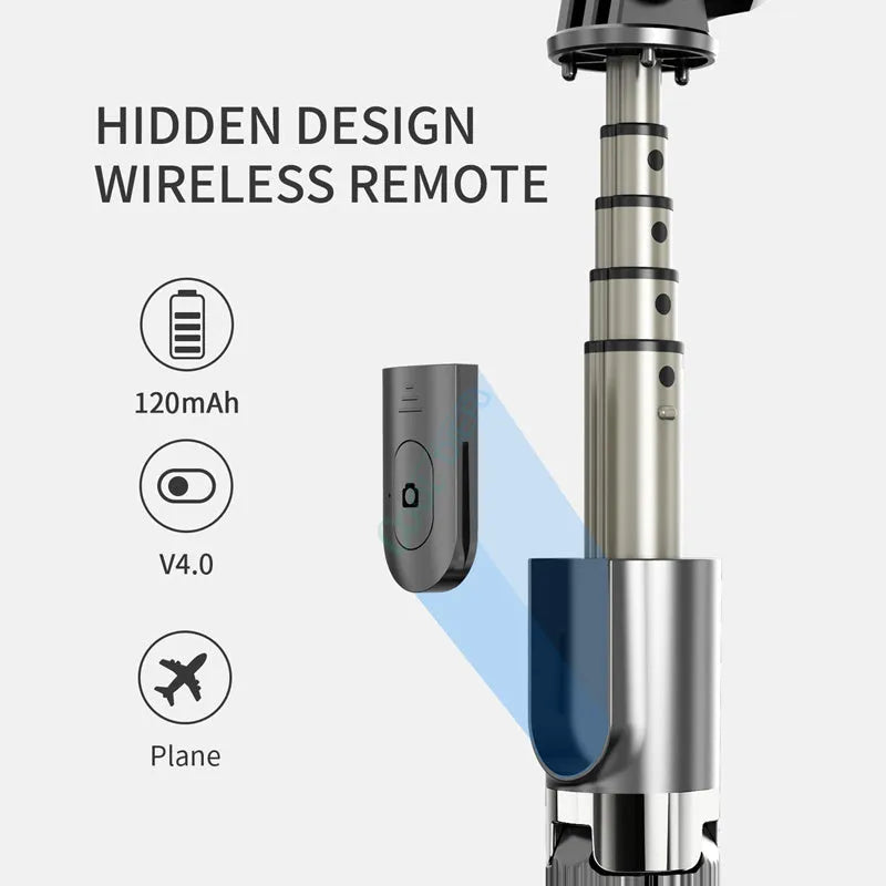Black aluminium tripod selfie stick extended next to Apple iPhone