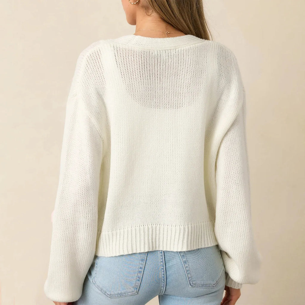 3D strawberry pattern women's acrylic knit sweater in milky white with long sleeves and regular fit