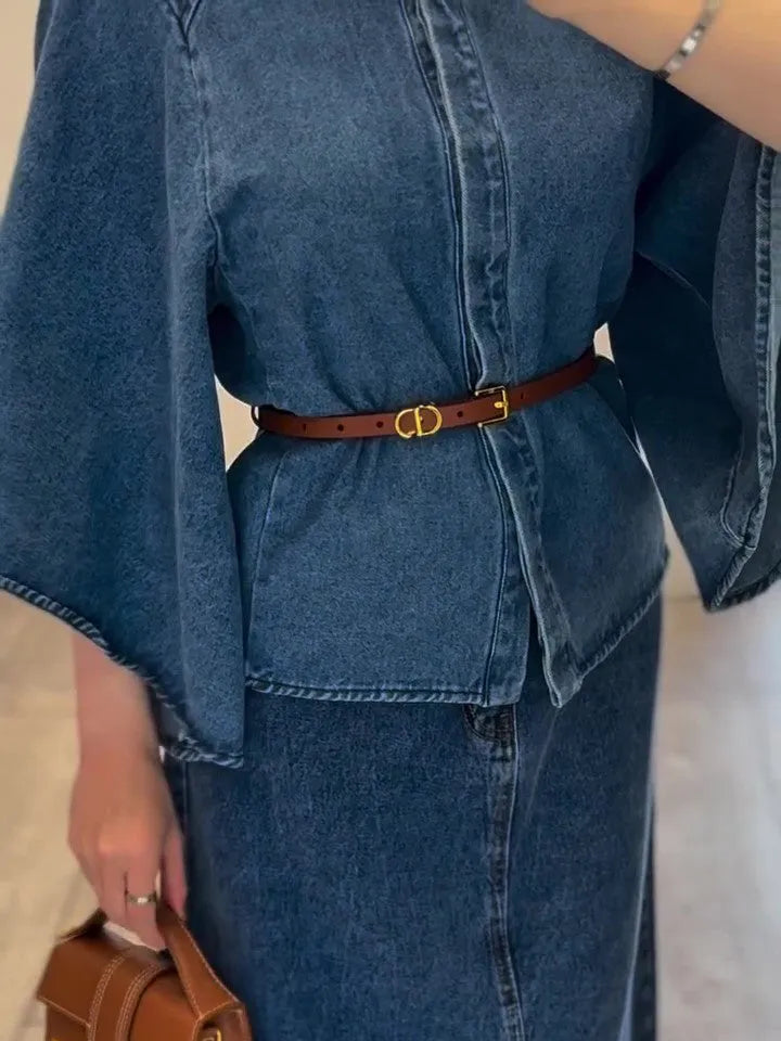 Denim cape top and maxi skirt set in plain design, regular fit, inelastic denim, sizes XS to 2XL