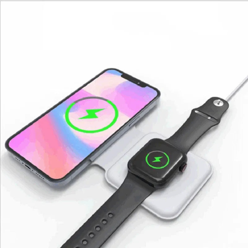 White foldable magnetic wireless charging dock showing two phones charging simultaneously.
