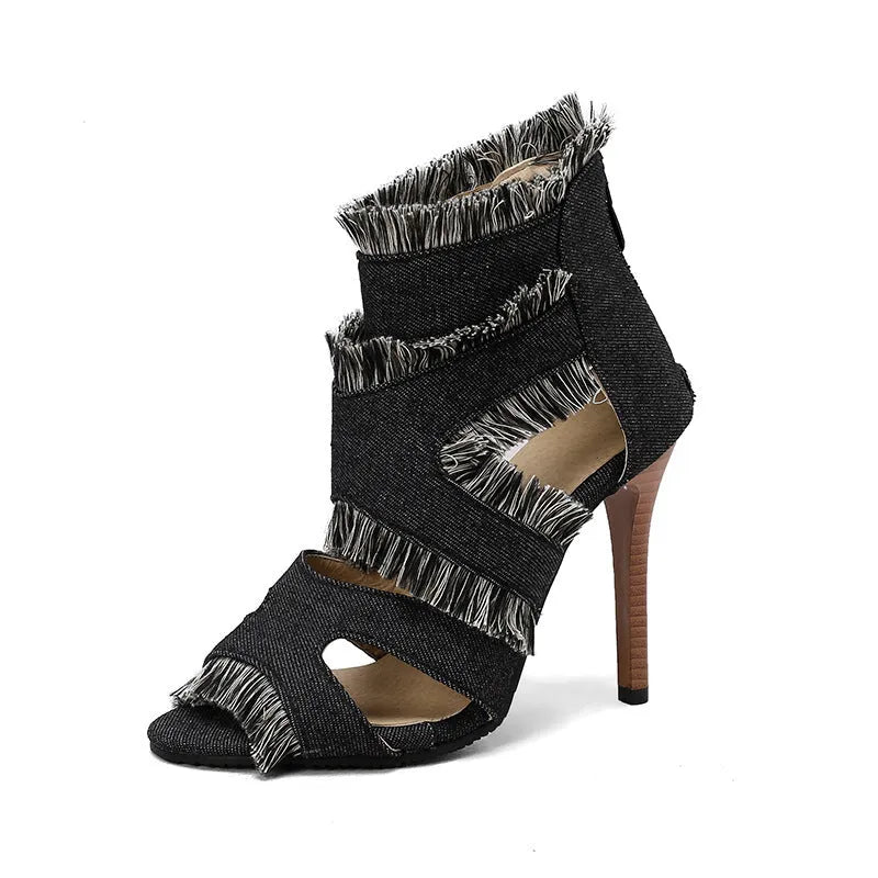 Women's plus size denim high heel sandals in leopard print, plaid, and dark blue colours.