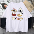 Mens black cotton T-shirt with a cartoon print of a cat and sushi, short sleeves, loose fit.