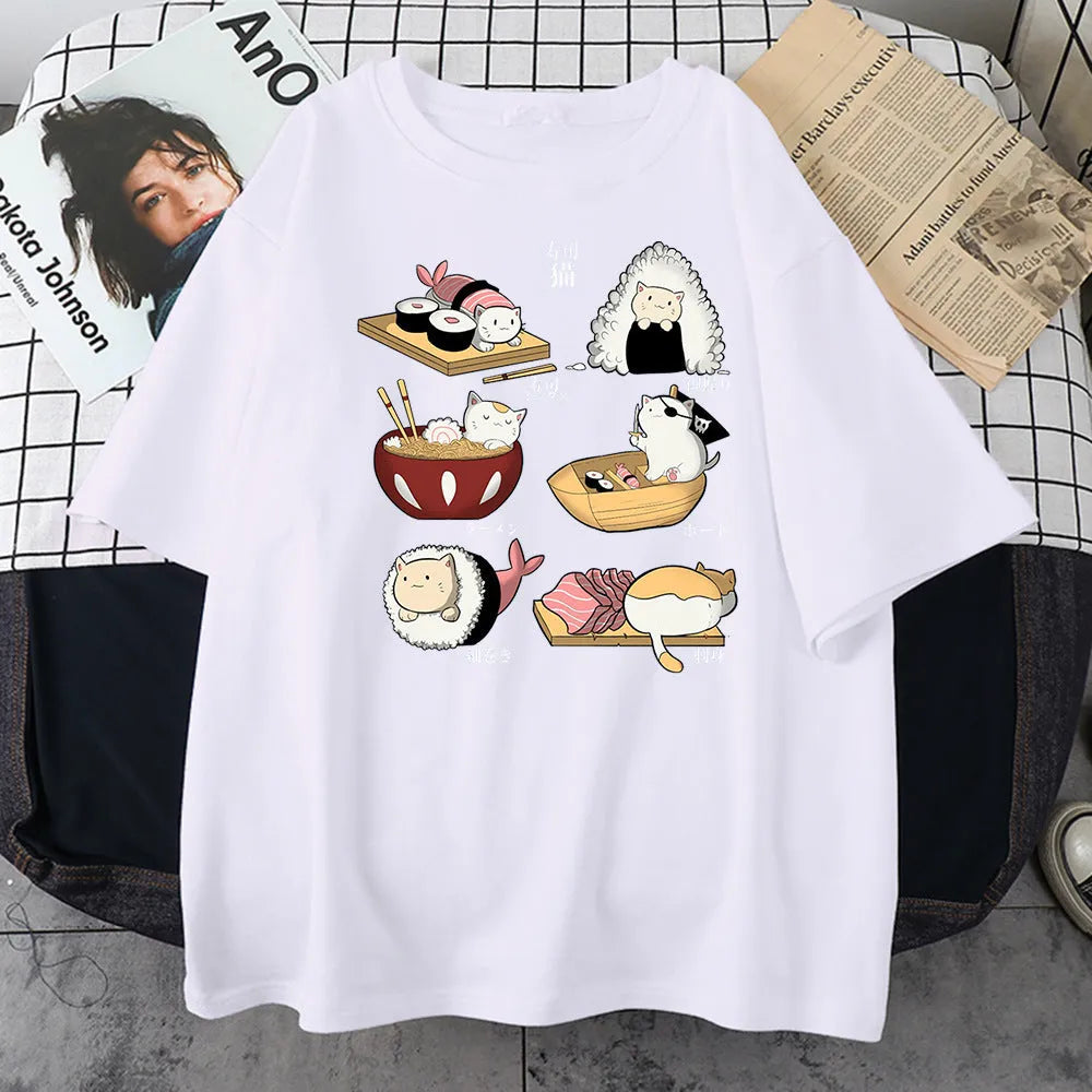 Mens black cotton T-shirt with a cartoon print of a cat and sushi, short sleeves, loose fit.
