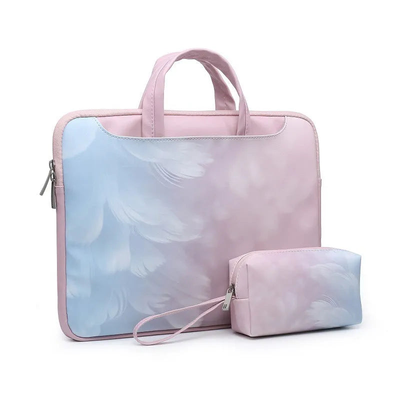 Huawei Glory mini shoulder computer bag in pink imitation leather with cartoon pattern and zipper pocket