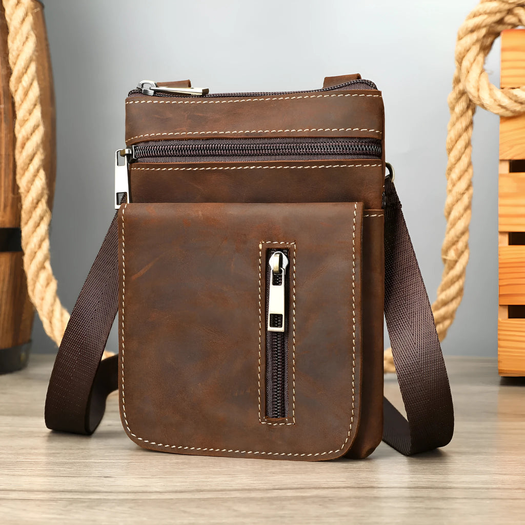 Retro first layer cowhide Crazy Horse leather crossbody bag in coffee colour, compact size for daily use