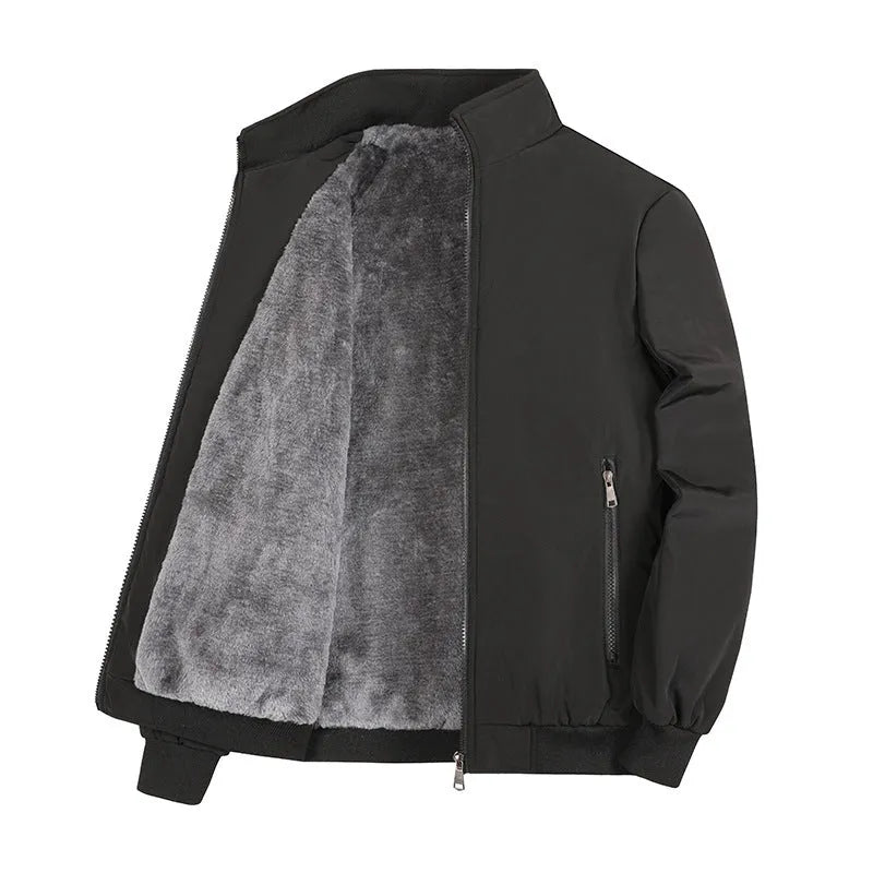 Men's thickened polyester fibre winter coat in black, oversized fit, front view