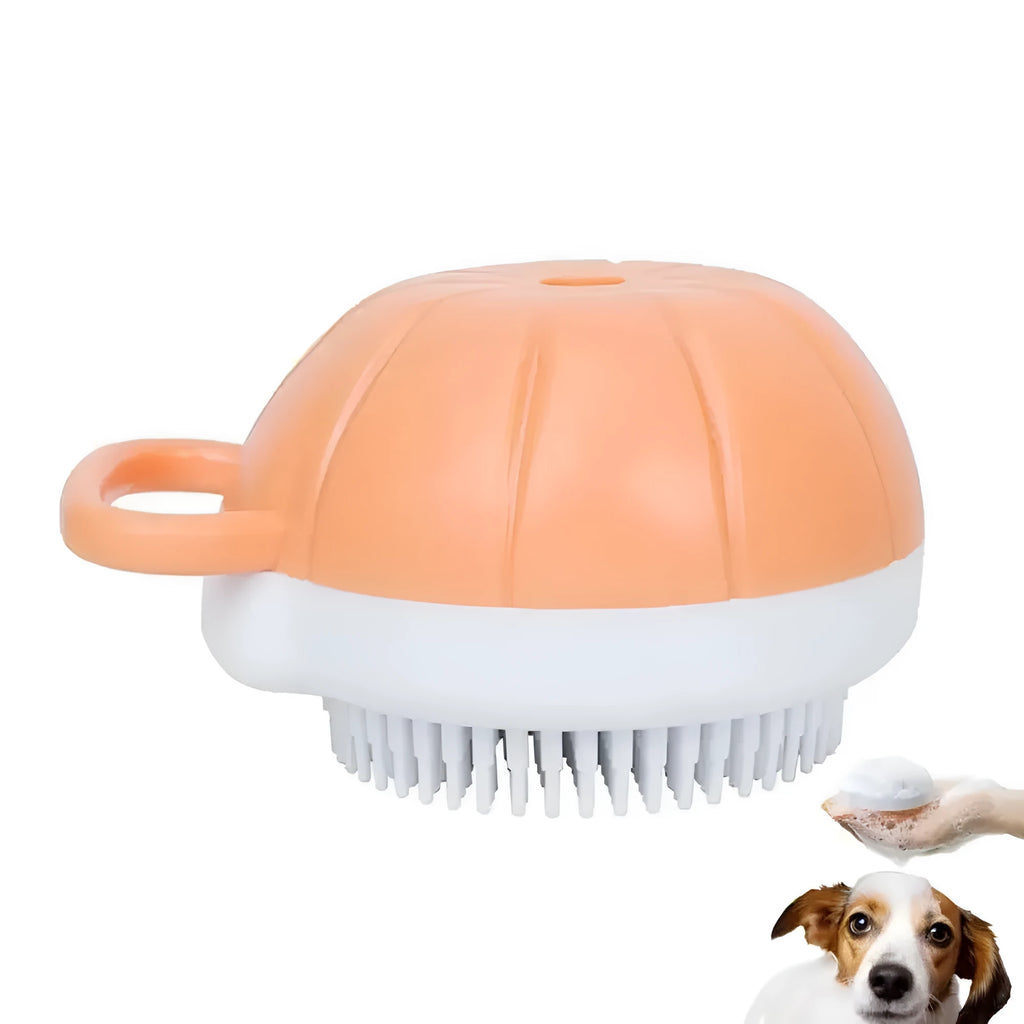 Orange dog bath brush with shampoo dispenser and soft TPR bristles on a curved pumpkin-shaped handle.