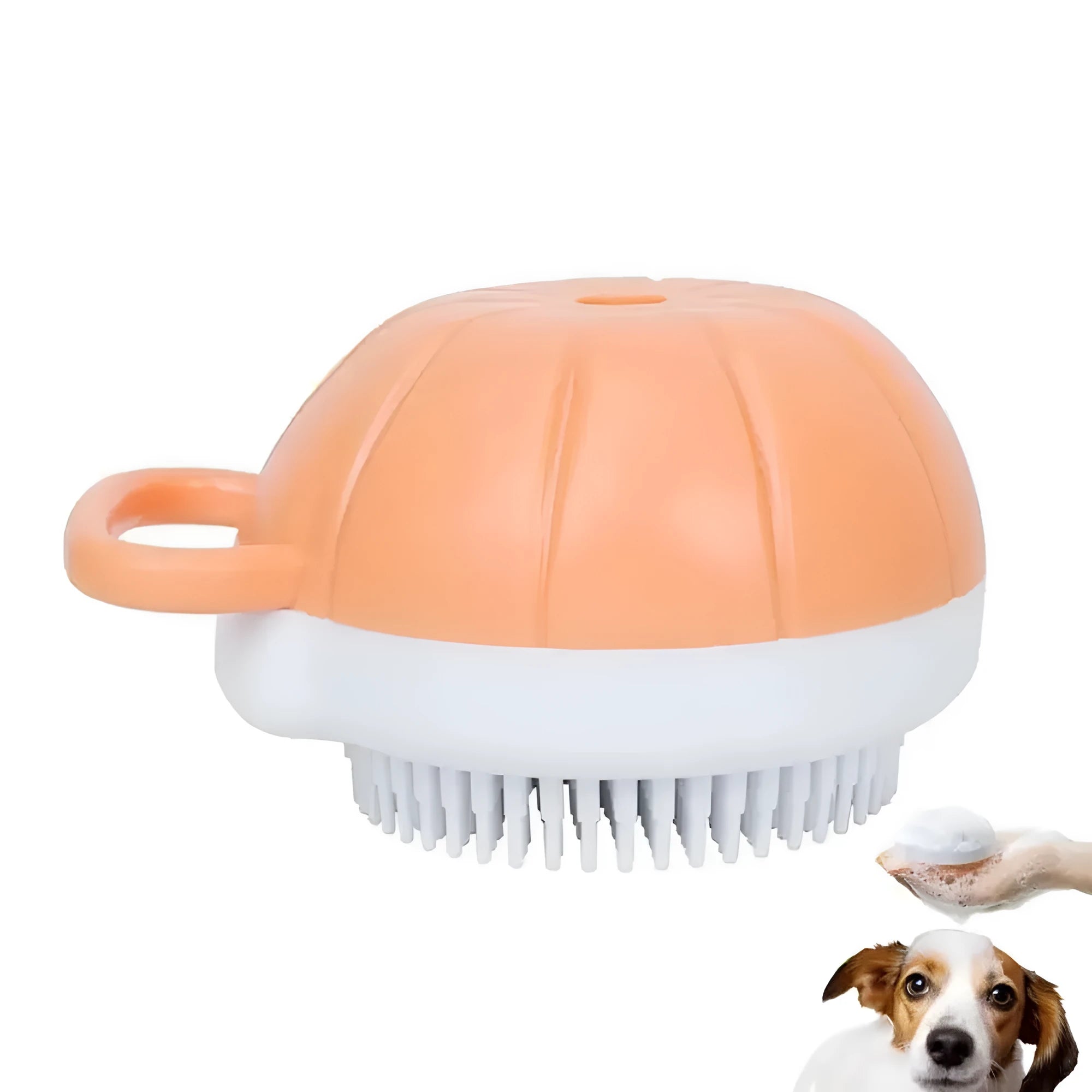 Orange dog bath brush with shampoo dispenser and soft TPR bristles on a curved pumpkin-shaped handle.