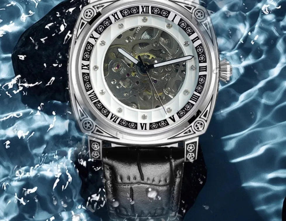 Hollow out business watch with white leather band, round dial, spiral crown, and transparent case back on a white background.