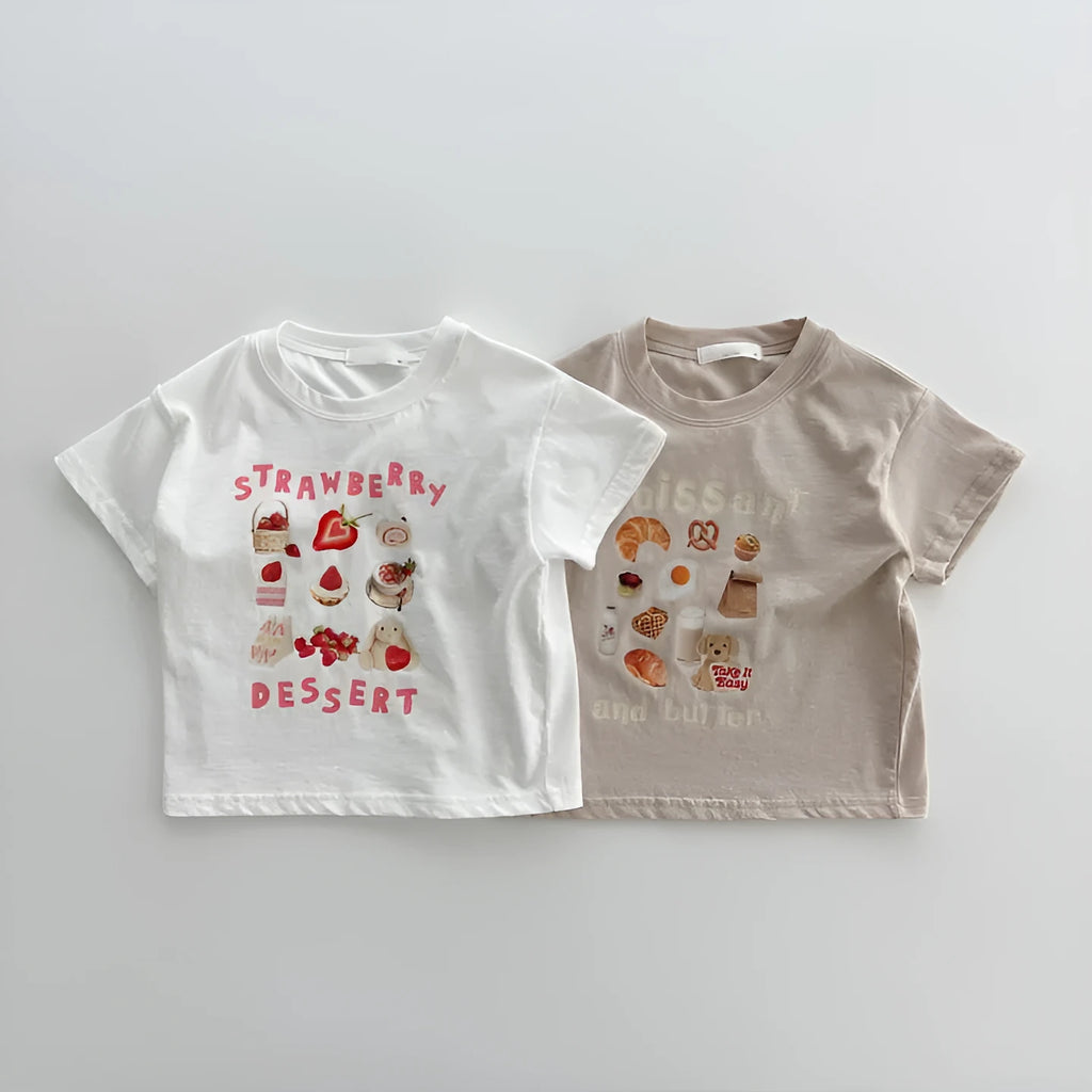 Children's short sleeve cotton t-shirt with cartoon strawberry food pattern in white and brown, size 100cm