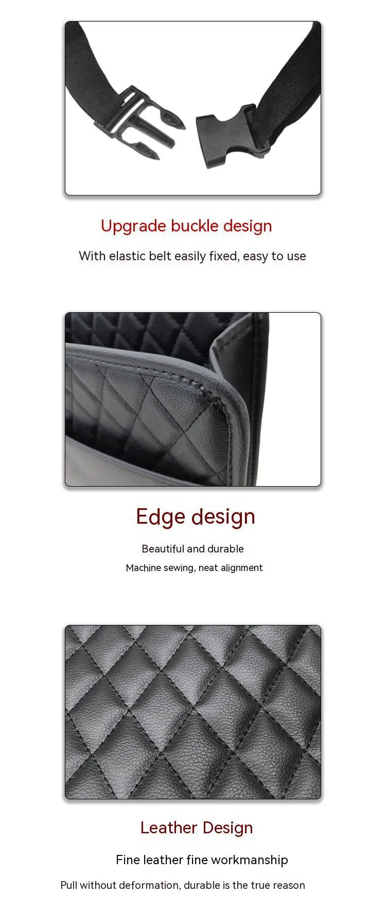 Leather car hanging storage bag and trash can in black, shown in a vehicle interior.