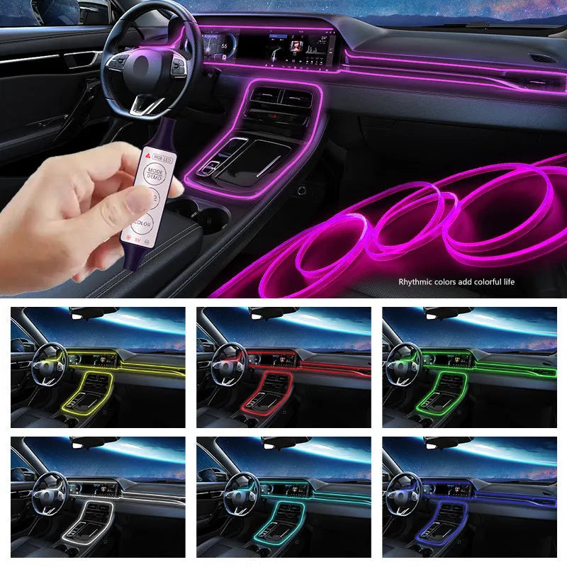 USB-powered RGB LED underglow light strip for cars with manual remote control, showing multicolour illumination.
