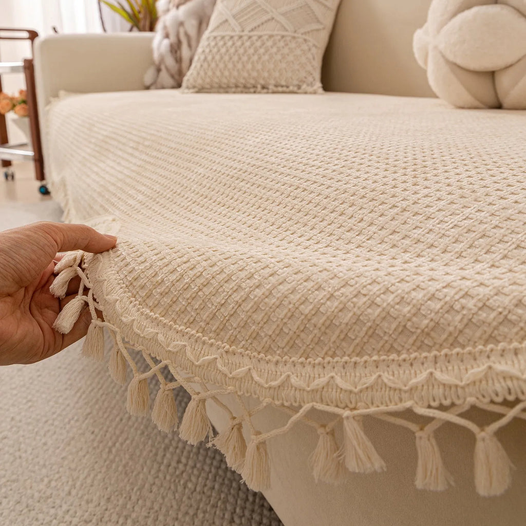 Special-shaped tassle short plush non-slip polyester sofa cover in khaki colour, 90cm width