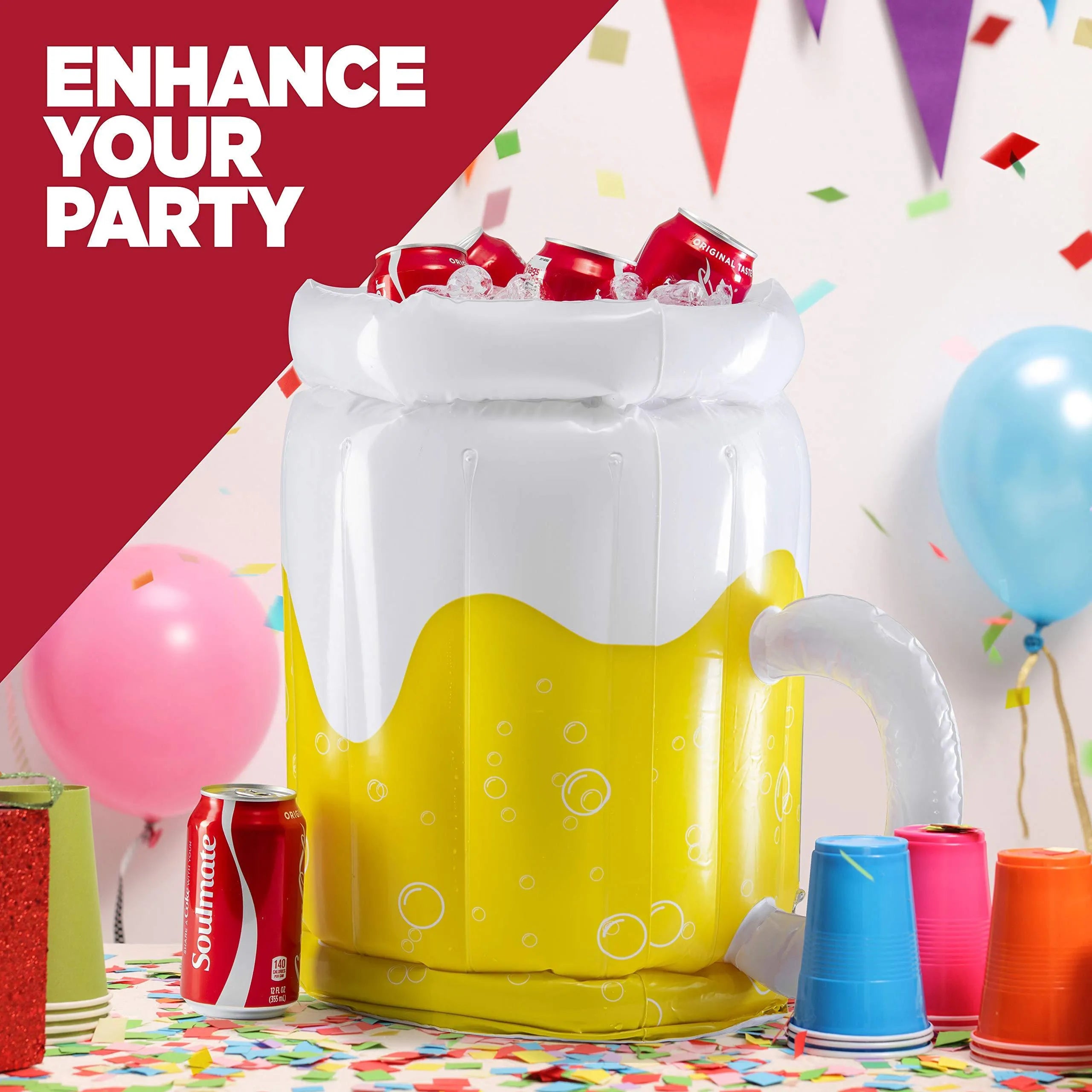 Large yellow inflatable beer mug cooler pool float with drink cans inside.