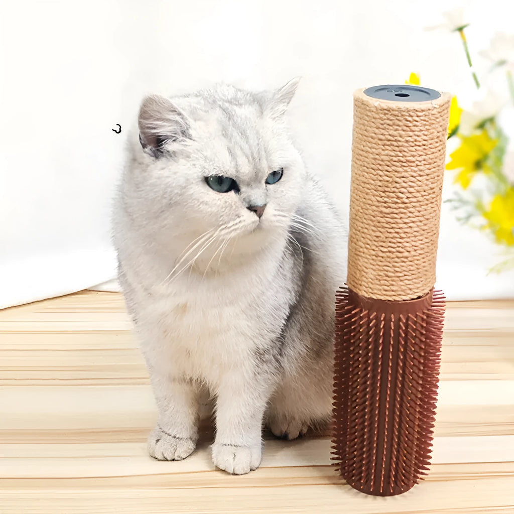 30cm tall brown sisal fibre cat scratching post on wooden floor