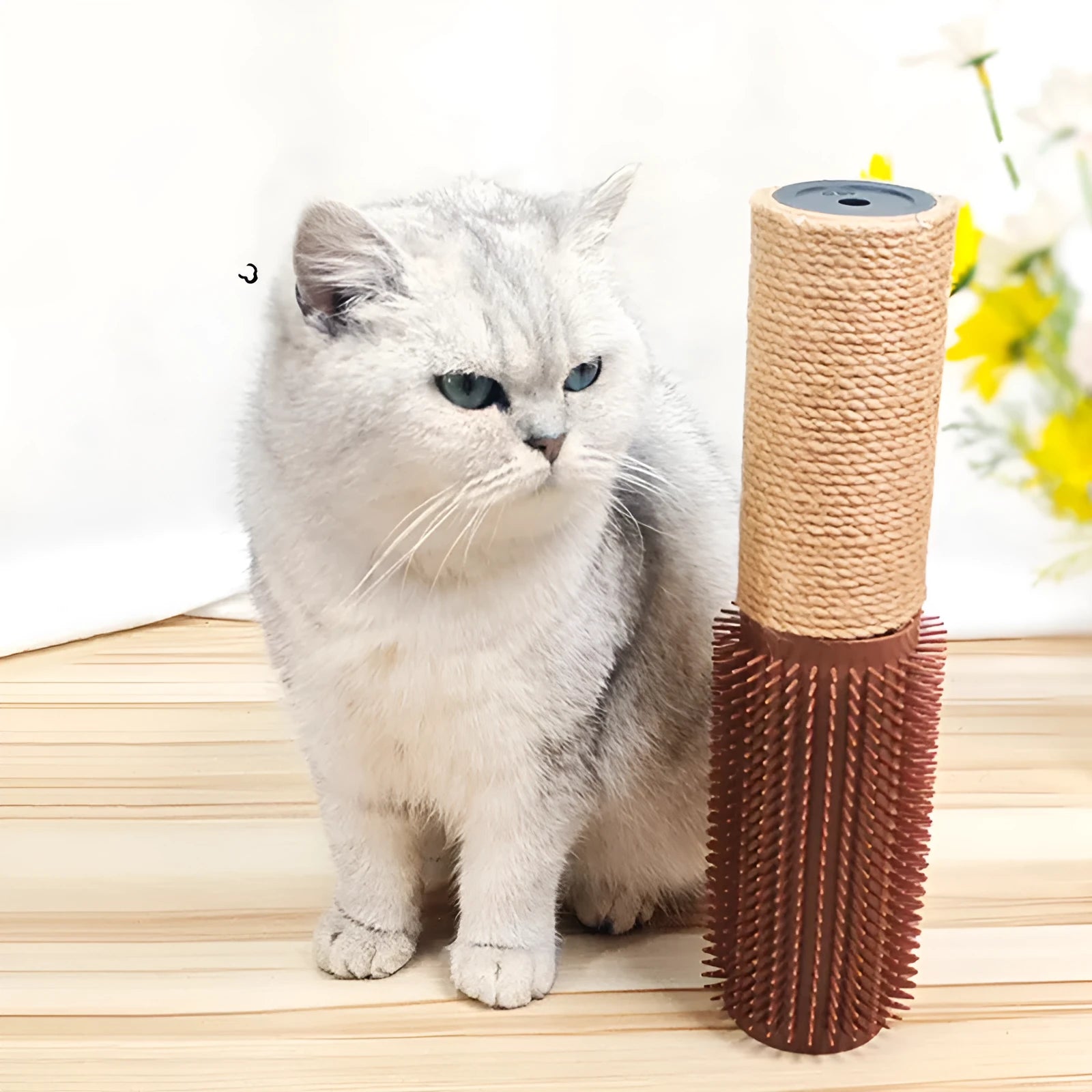 30cm tall brown sisal fibre cat scratching post on wooden floor