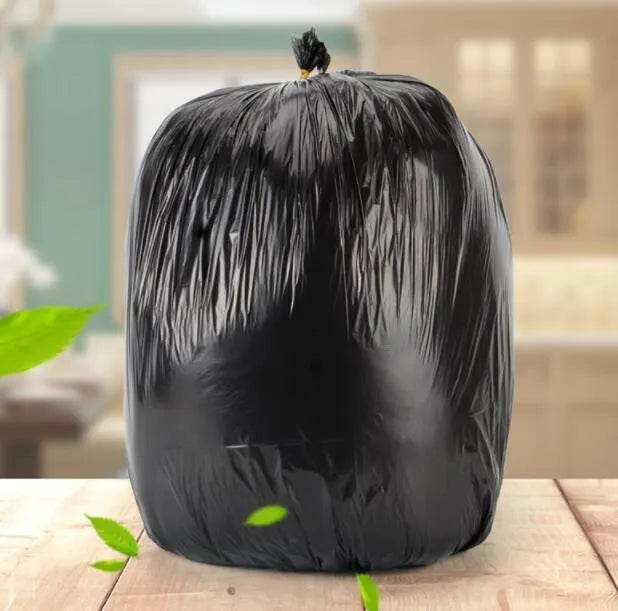 Roll of thickened black disposable plastic kitchen bags with flat-mouth design showing 50x60cm dimensions