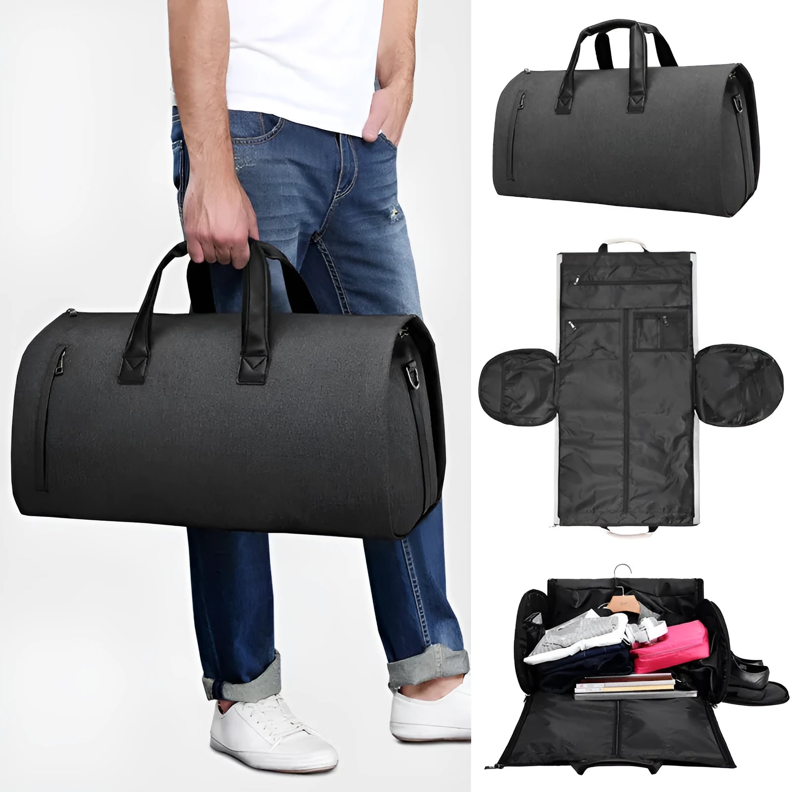 Medium oval travel bag in Oxford cloth with internal zippered compartments for wet-dry separation.