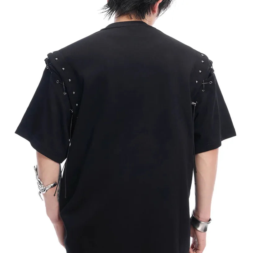 Black short-sleeve T-shirt with white lace-up cutout detail on the side