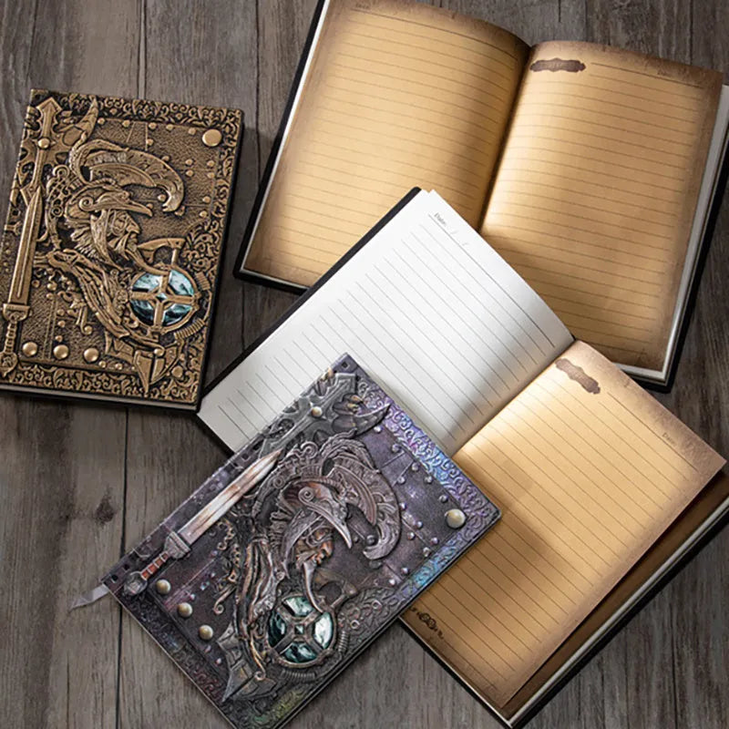 A5 leather notebook with embossed 3D warriors relief design on the cover, shown in bronze colour.