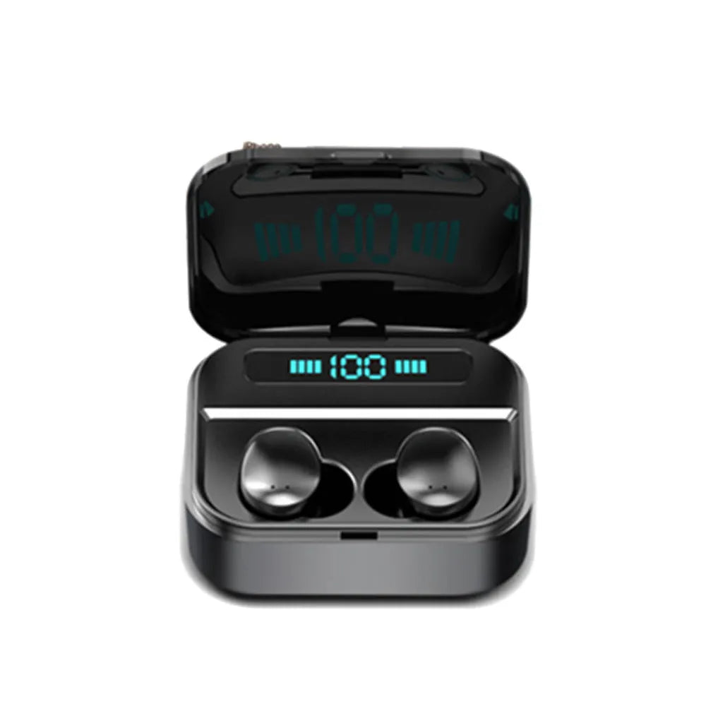 X7LED black and white sports Bluetooth headphones with charging case showing LED display