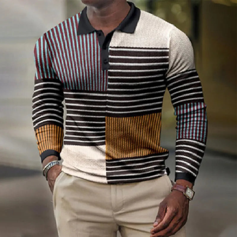 Men's 3D printed striped casual long-sleeved top in polyester available multiple colours sizes