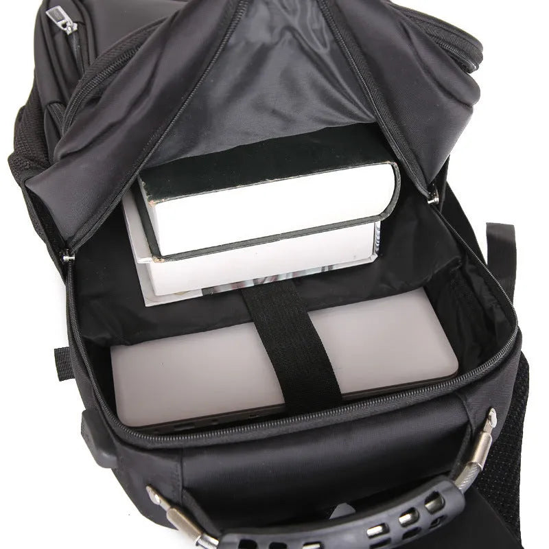Men's large nylon travel backpack with USB port in black, shown from front