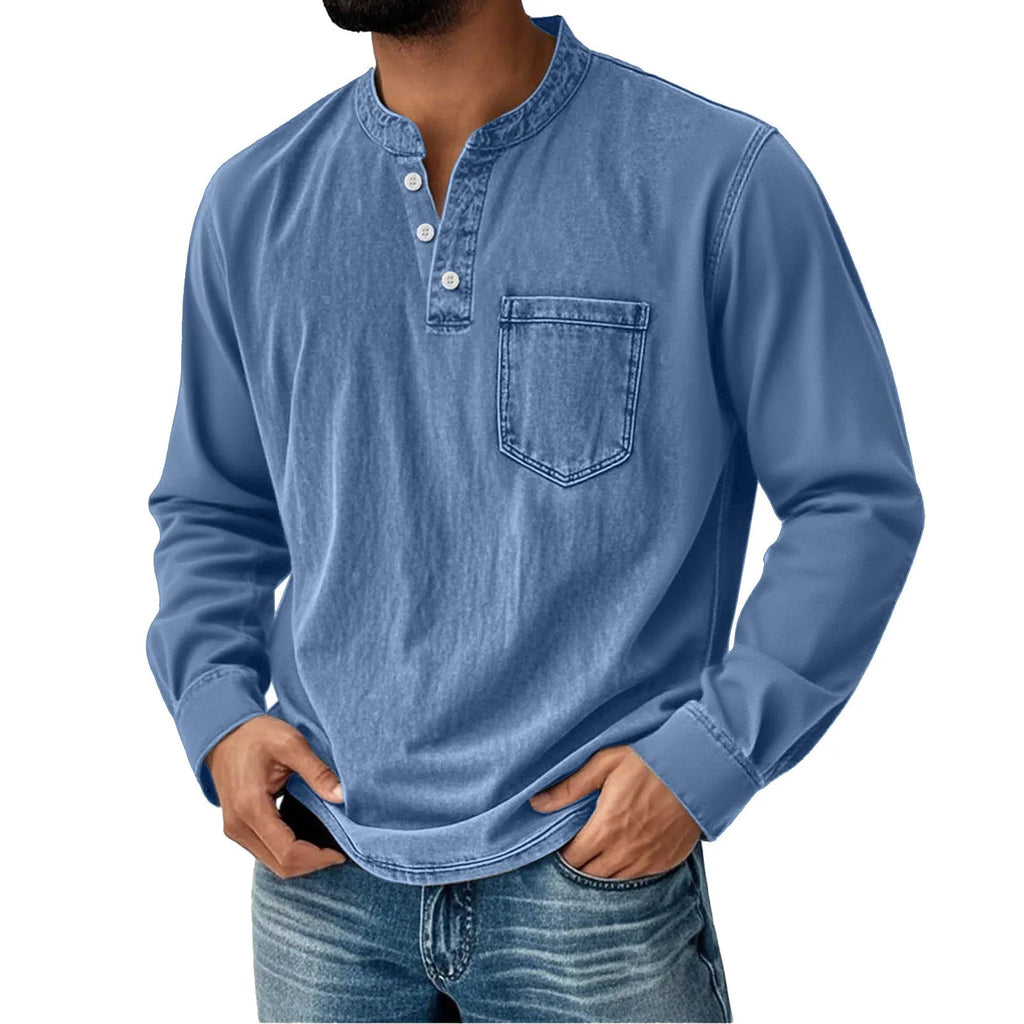 Printed three-button long-sleeve T-shirt for young men, slim fit, polyester, digital print