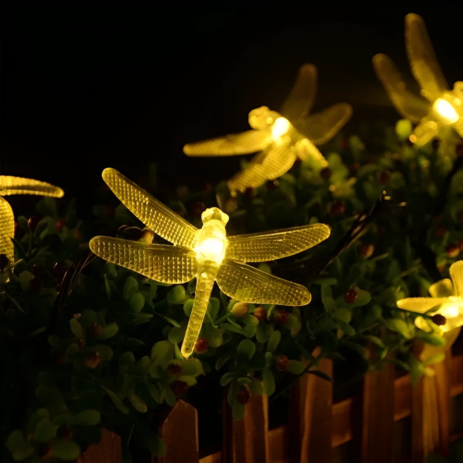 Outdoor solar-powered dragonfly LED string lights with panel on spike in a garden setting