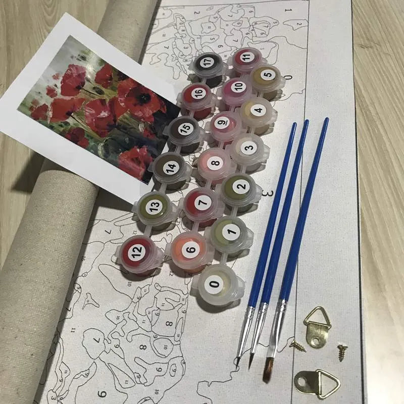 DIY digital painting kit showing 40×50cm canvas with body painting artwork, three brushes and two hooks
