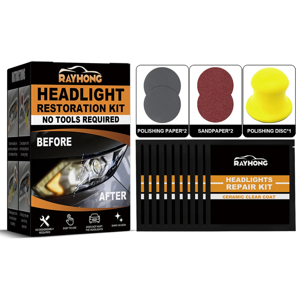 Car ceramic headlight repair kit with wet wipes, polishing paper, sandpaper, and polishing disc