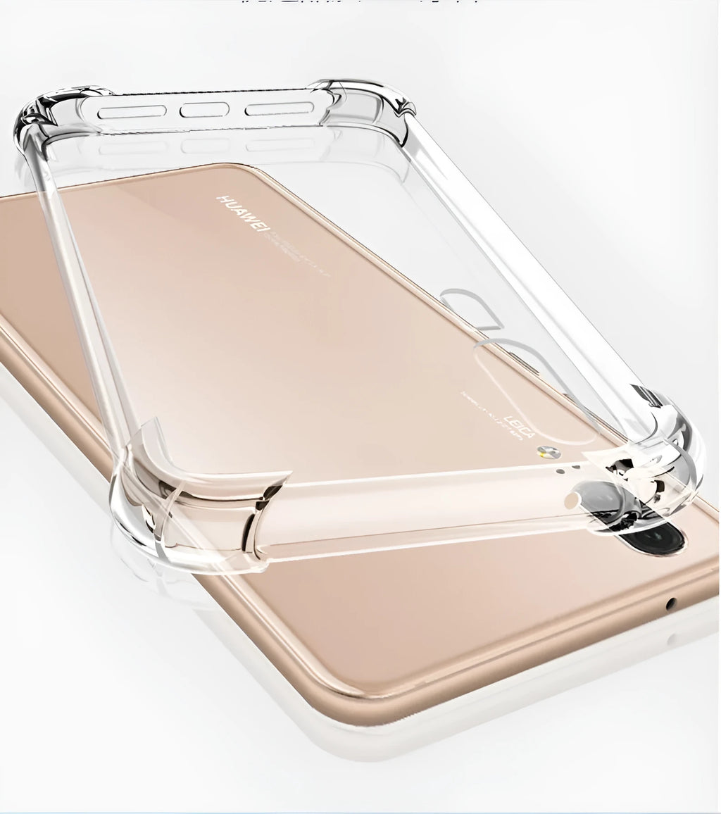 Transparent TPU phone case for Huawei and Honor smartphones showing clear design and model compatibility