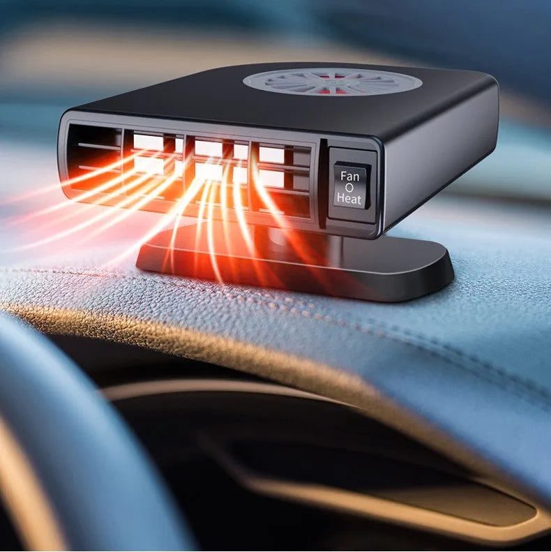 Black ABS plastic 12v vehicle-mounted car heater on a dashboard