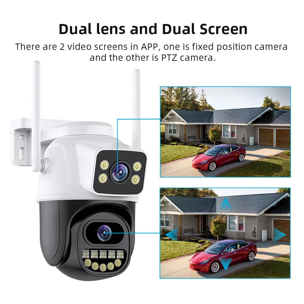 Binocular wireless home surveillance camera with dual light night vision, 5x zoom, and WiFi connectivity in black