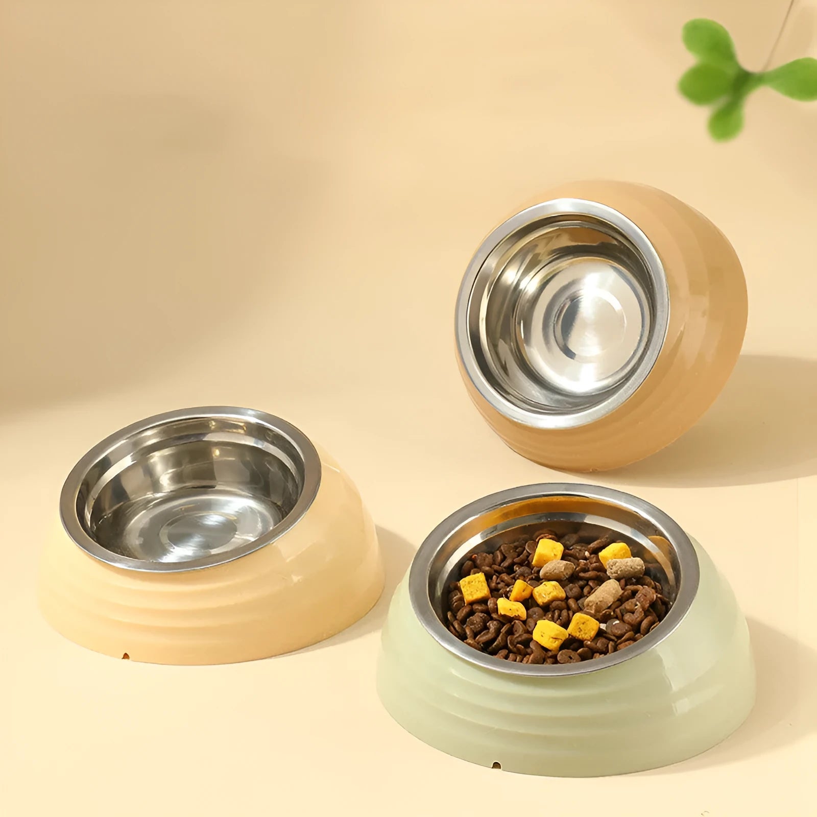 Stainless steel cat bowl in beige, light green, or brown colour options