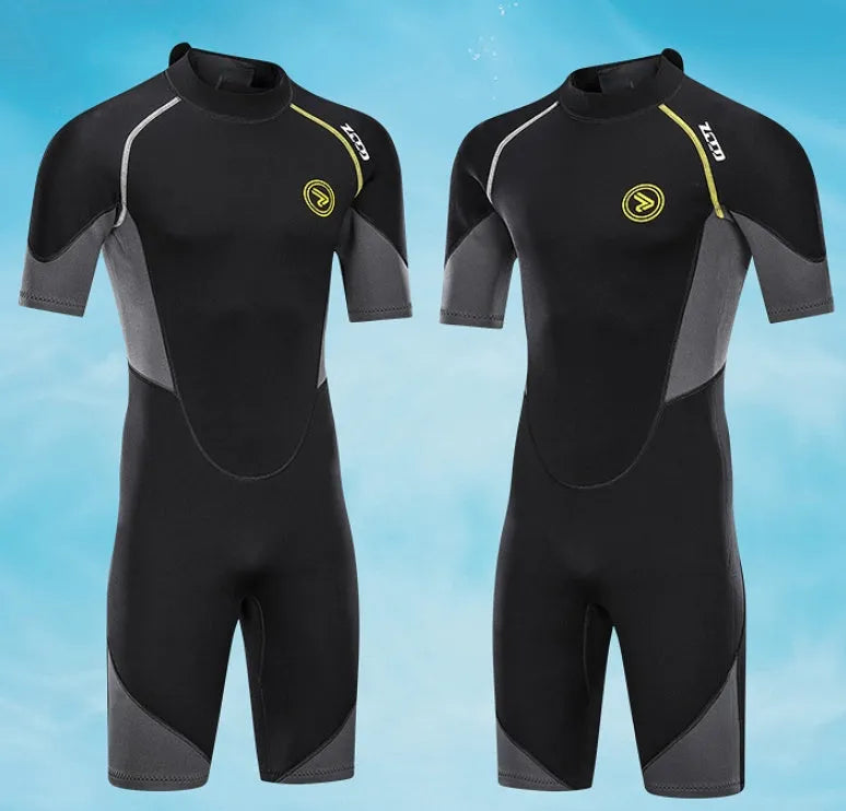 Black men's short sleeve SCR neoprene wetsuit shorts with round neck and YKK zipper, sizes S-4XL
