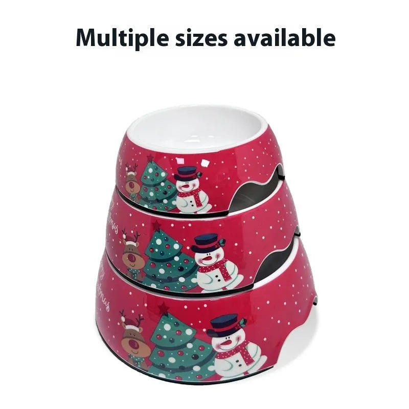 Red Christmas pet bowl with stainless steel inner layer and melamine exterior in three size options