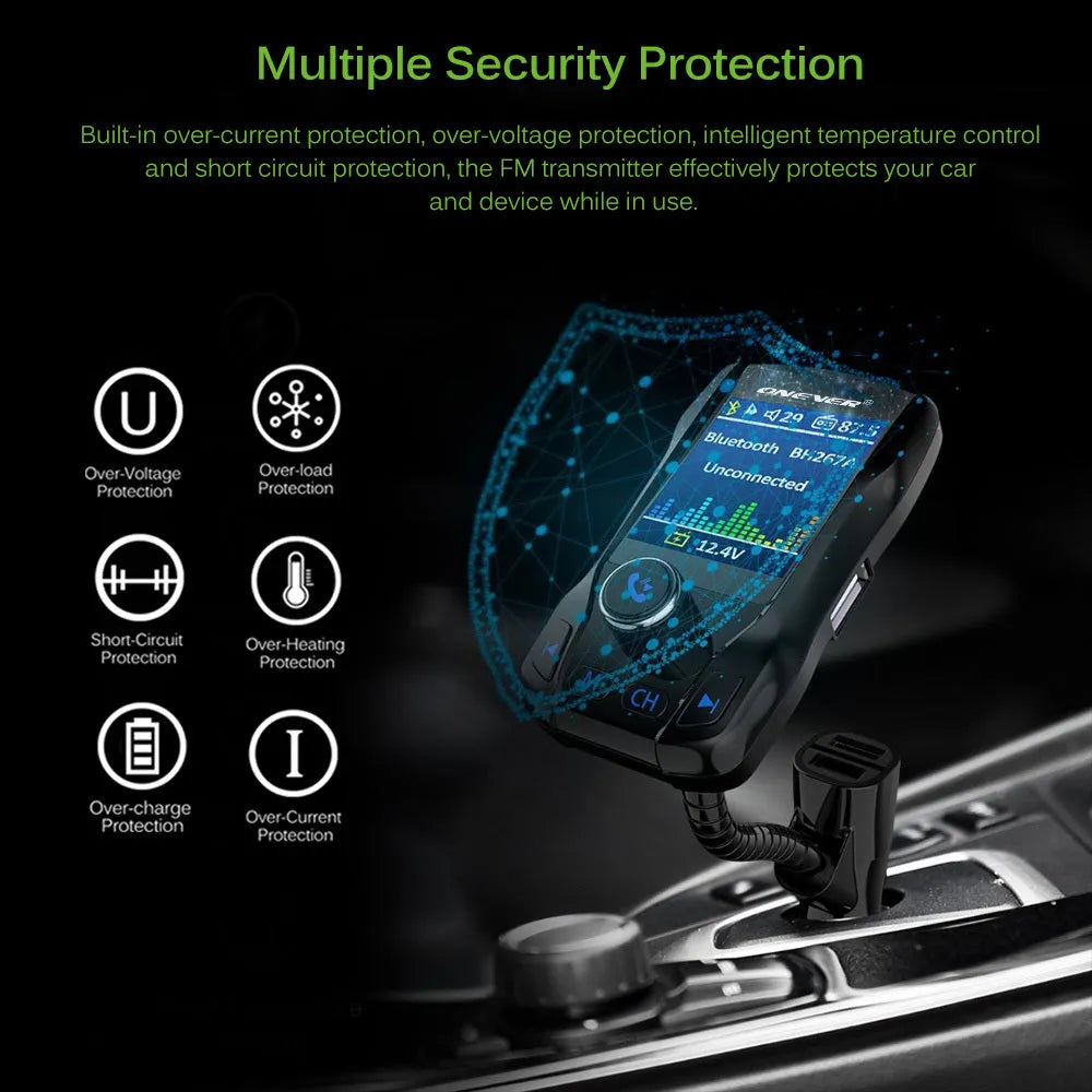 Black car Bluetooth FM transmitter with colour screen and dual USB ports plugged into a car dashboard